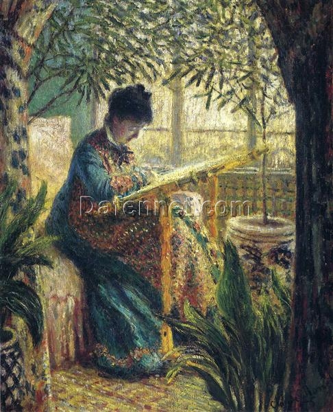 Claude Monet Madame Monet Embroidering (1875) – Fine Art Oil Painting Reproduction from Dafen Village