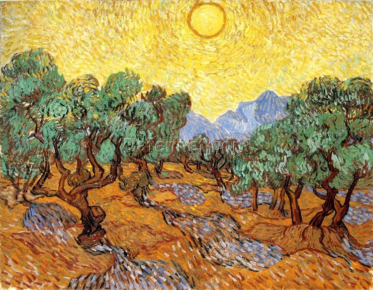 Stunning Olive Trees with Yellow Sky and Sun by Vincent van Gogh – Authentic Oil Painting Reproduction for Home Decor