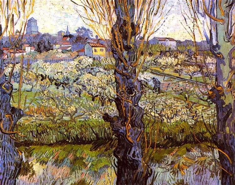 Fine Art Reproduction of Orchard in Bloom with Poplars (1889) by Vincent van Gogh – Hand-Painted Oil Painting for Sale from Dafen Village