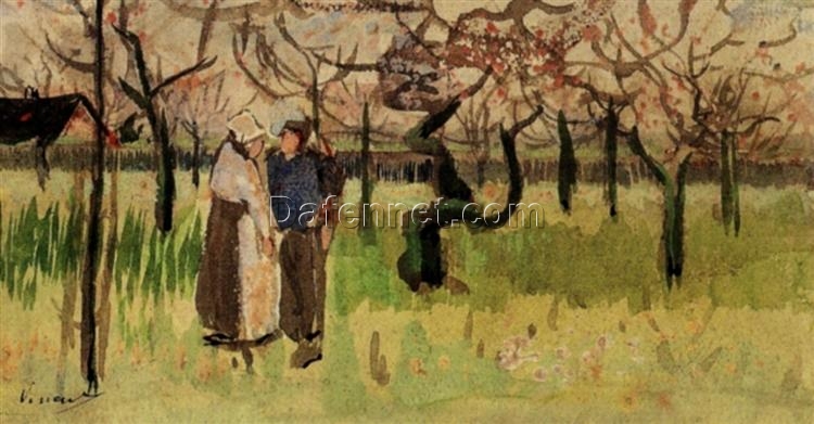 1888 Orchard in Blossom with Two Figures Spring by Vincent van Gogh – Custom Oil Painting Reproduction from Dafen Village