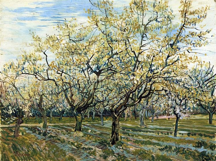 Handcrafted Oil Painting of Orchard with Blossoming Plum Trees by Vincent van Gogh – 1888 Art Reproduction