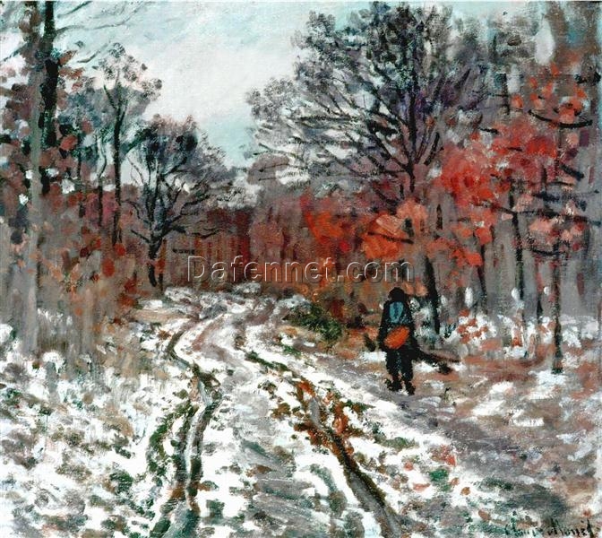 Hand-Painted Path through the Forest, Snow Effect by Claude Monet – Snowy Forest Landscape Oil Painting – Dafen Village Reproduction