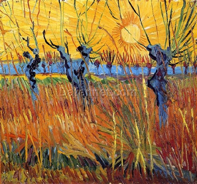 Gorgeous Van Gogh Style Pollard Willows and Setting Sun Oil Painting, Custom Canvas Art, Dafen Village Studio Craftsmanship