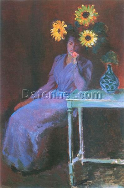 Beautiful Hand-Painted Oil Portrait of Suzanne Hoschede with Sunflowers | Reproduction of Claude Monet’s 1890 Masterpiece