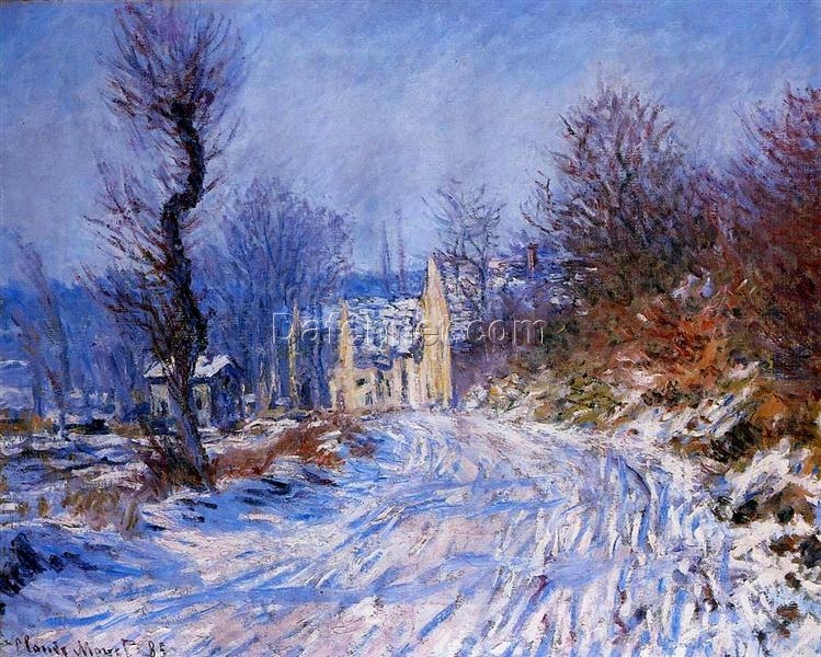 Hand-Painted Road to Giverny in Winter 1885 Oil Painting – Classic Claude Monet Reproduction for Home Decor