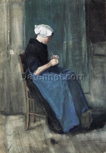 Custom Scheveningen Woman Knitting Artwork in the Style of Van Gogh – 1881 Oil Painting