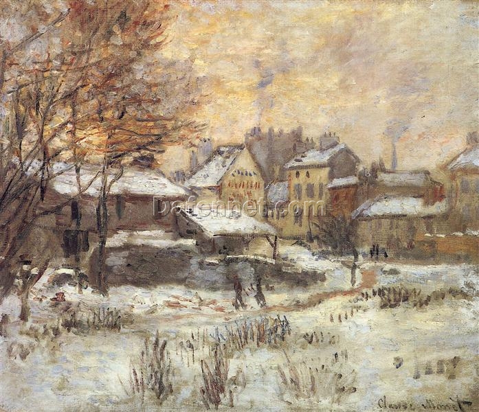 Classic Monet Winter Landscape | Snow Effect with Setting Sun (1875) | Reproduction from Dafen Village Oil Painting Studio