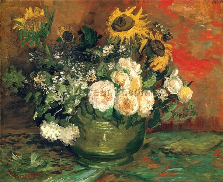 Vincent van Gogh Still Life with Roses and Sunflowers (1886) – High-Quality Custom Oil Painting Reproduction, Dafen Village