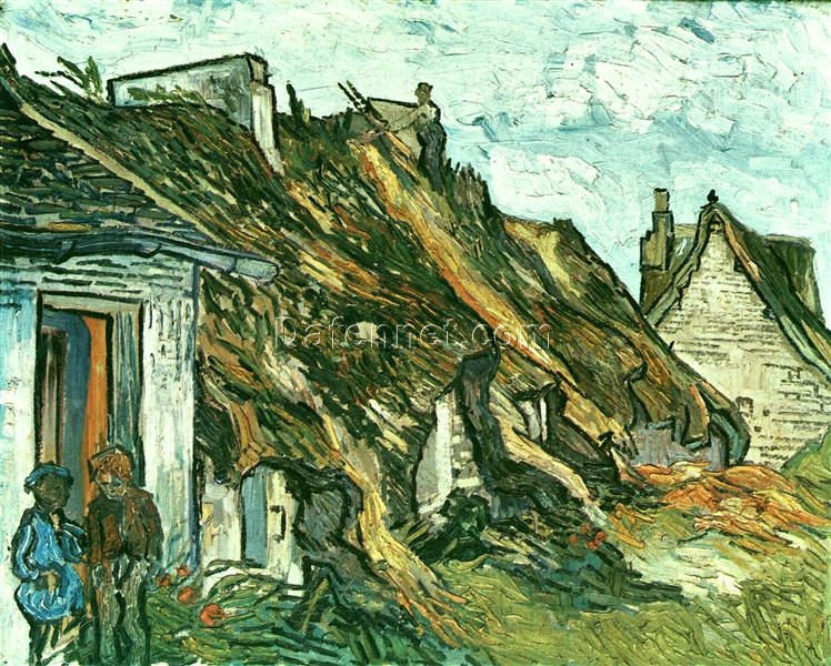 Van Gogh Thatched Cottages in Chaponval, Auvers-sur-Oise – Hand-Painted Oil Painting Reproduction (1890)