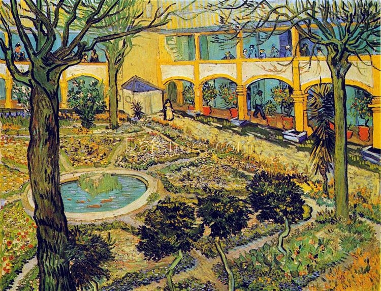 Authentic Vincent van Gogh 1889 The Courtyard of the Hospital in Arles – Hand-Painted Oil Painting Reproduction