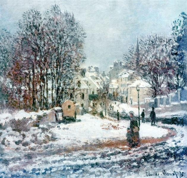 Original Hand-painted Monet Oil Painting – “The Grand Street Entering to Argenteuil, Winter,” Custom Canvas Art for Elegant Home or Office Decor