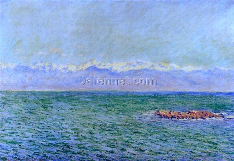 Original Hand-painted Monet Oil Painting – “The Sea and the Alps,” Custom Canvas Art for Elegant Home or Office Decor