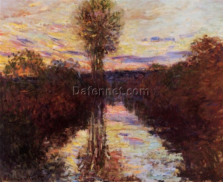 Original Hand-Painted Oil Painting Reproduction of Monet’s The Small Arm of the Seine at Mosseaux, Evening (1878), Perfect for Classic Home Decor