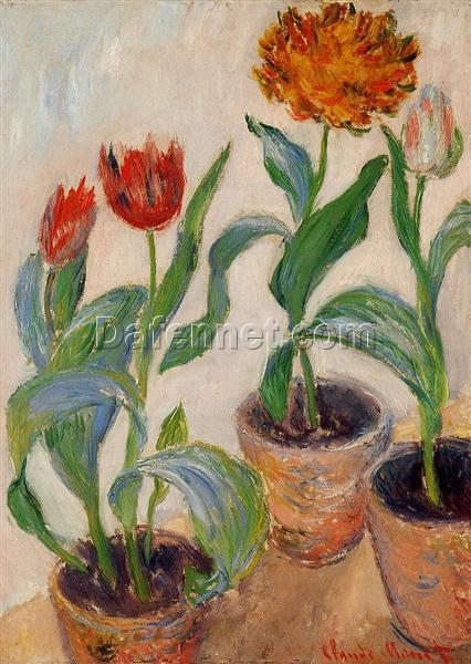 Classic Monet Artwork: Three Pots of Tulips – Beautiful Oil Painting Reproduction from Dafen Village Studio