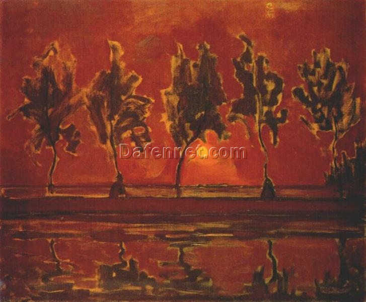 Piet Mondrian ‘Trees by the Gein at Moonrise’ – Authentic Oil Painting Reproduction | Moonlit Dutch Landscape for Sale