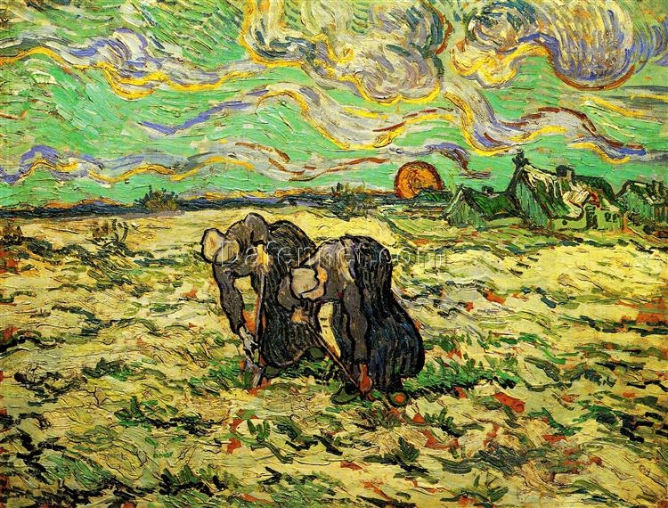 Authentic Van Gogh 1890 Two Peasant Women Digging in Field with Snow – Handcrafted Oil Painting Reproduction