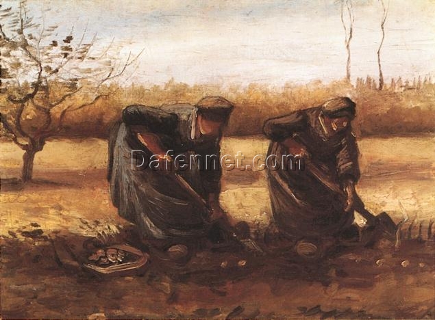 Two Peasant Women Digging Potatoes by Van Gogh – 1885 Oil Painting Reproduction, High-Quality Canvas Art