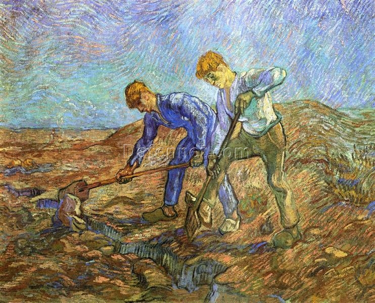 Two Peasants Digging (after Millet) by Van Gogh – 1889 Oil Painting Reproduction, High-Quality Canvas Art