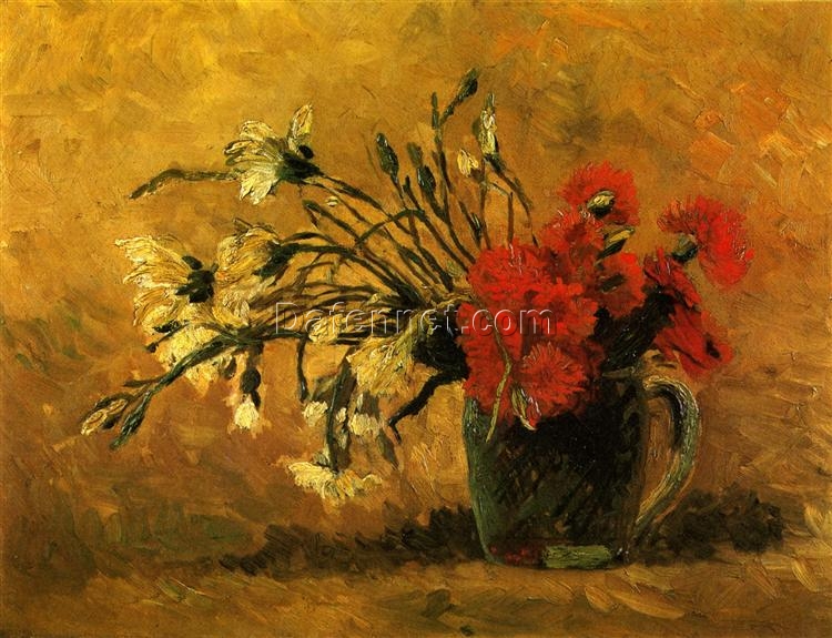 Vase with Red and White Carnations on Yellow Background by Van Gogh – 1886 Hand-Painted Oil Painting Reproduction from Dafen Village