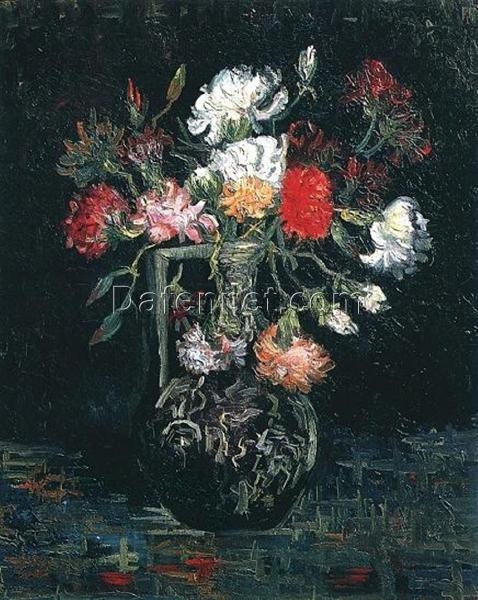 Authentic 1887 Vase with White and Red Carnations by Van Gogh – Custom Hand-Painted Oil Painting Reproduction