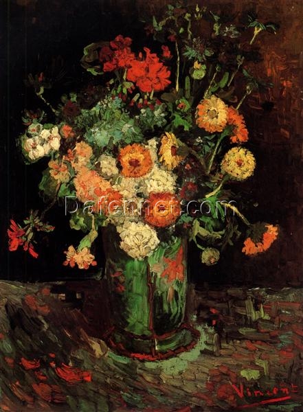 Vase with Zinnias and Geraniums (1886) by Van Gogh – Handcrafted Oil Painting Reproduction on Canvas