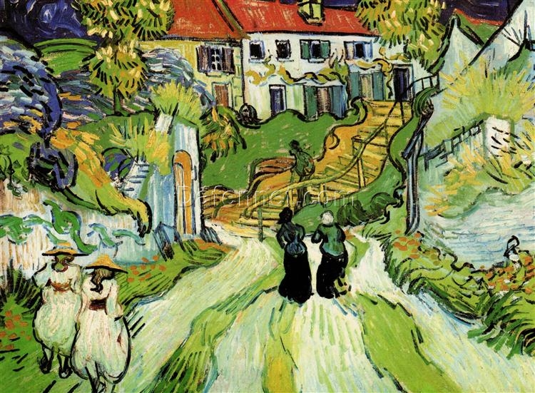 Village Street and Steps in Auvers with Figures (1890) by Van Gogh – Authentic Oil Painting Reproduction