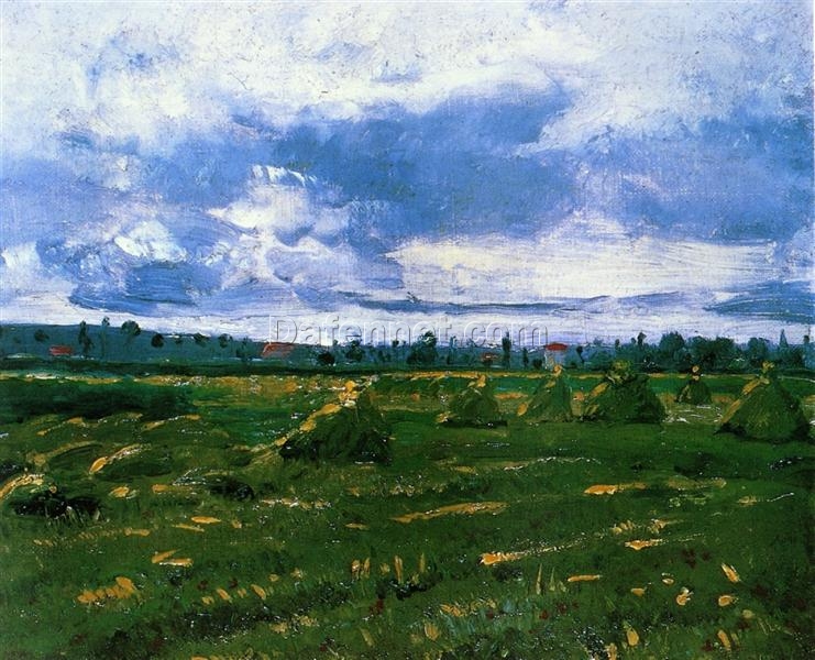 Wheat Fields with Stacks (1888) by Vincent van Gogh – Scenic Landscape Oil Painting