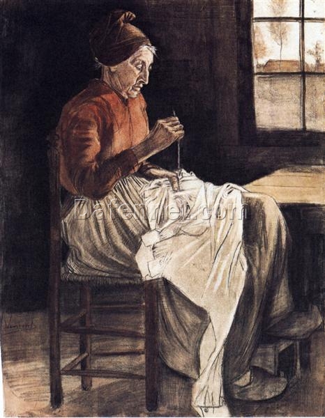 Woman Sewing by Vincent van Gogh – 1881 Dutch Genre Art Print of Everyday Life