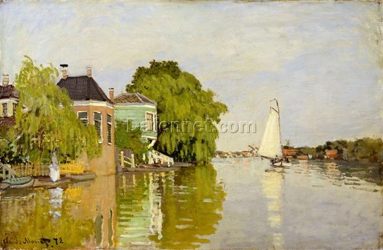 Authentic Reproduction of Houses on the Achterzaan (1871) by Claude Monet | Custom Oil Painting for Home Decor