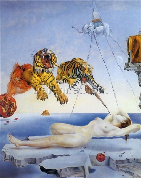 Dream Caused by the Flight of a Bee Around a Pomegranate” – Surrealist Symbolic Oil Painting Inspired by Salvador Dali (1944)