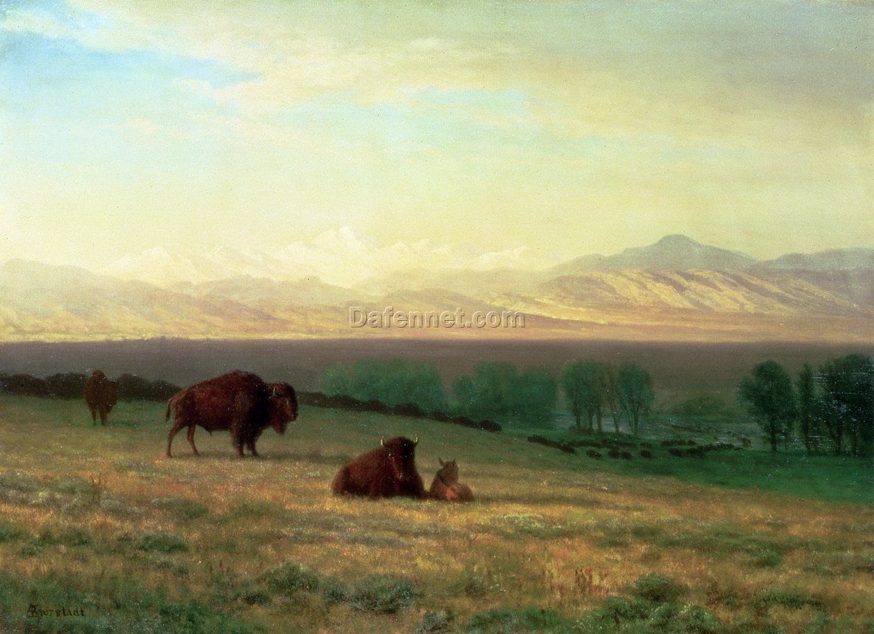 Romantic Landscape Masterpiece – Buffalo on the Plains, c.1890 by Albert Bierstadt, High-Quality Replica