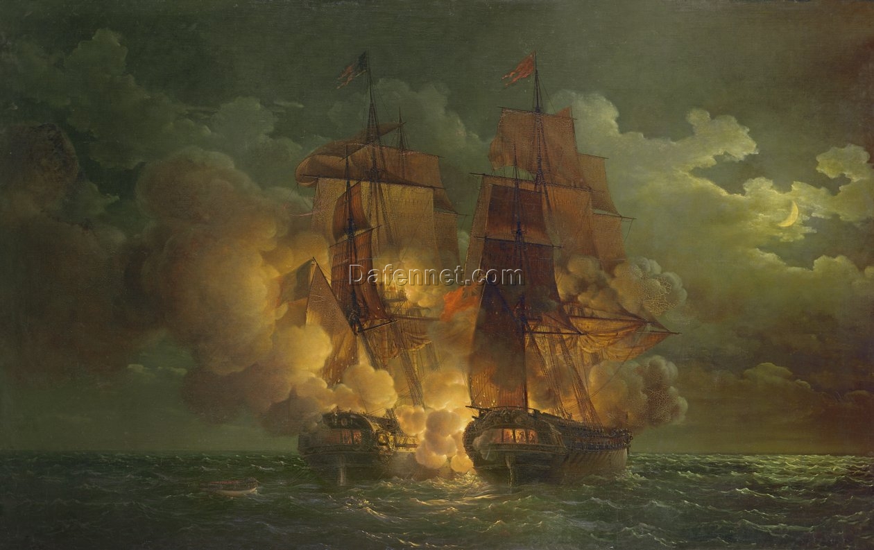 Louis Philippe Crépin’s Battle Between the French Frigate ‘Arethuse’ and the English Frigate ‘Amelia’ – Maritime Oil Painting Replica