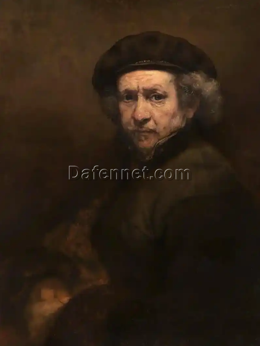 Inspired by Rembrandt’s Self-Portrait with Beret and Turned-Up Collar (1659) – Classic Oil on Canvas (Dimensions: Custom)