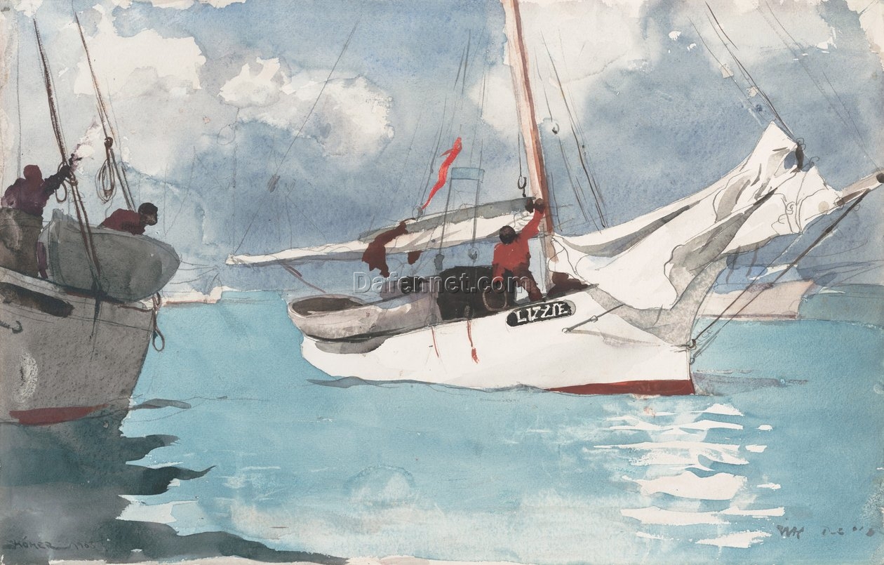 Realism Watercolor Masterpiece – Fishing Boats, Key West by Winslow Homer, High-Quality Replica