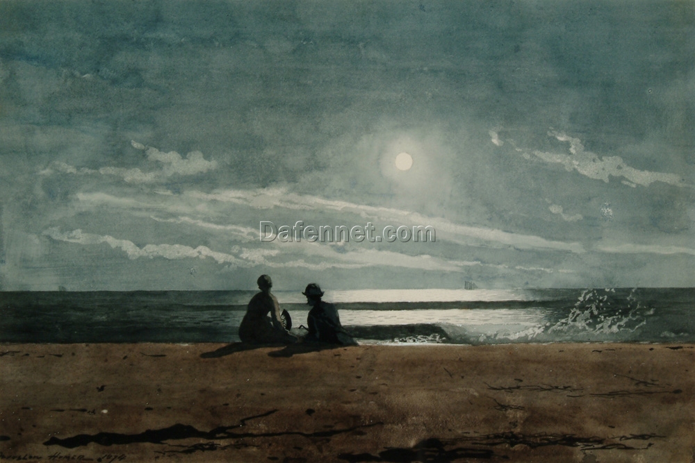 Winslow Homer’s Moonlight – 1874 Romantic Oil Painting Replica, Atmospheric Masterpiece