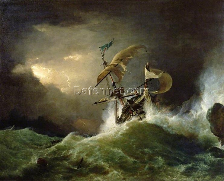 Custom Oil Painting of ‘A First Rate Man of War Driving on a Reef of Rocks’ by George Philip Reinagle – Romantic Maritime Masterpiece