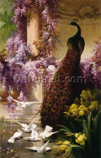 Eugene Bidau’s ‘A Peacock and Doves in a Garden’ – Custom Oil Reproduction of Academic Floral & Animal Art