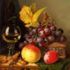 a still life of black grapes a peach a plum hazelnuts a metal casket and a wine glass on a carved.jpgLarge