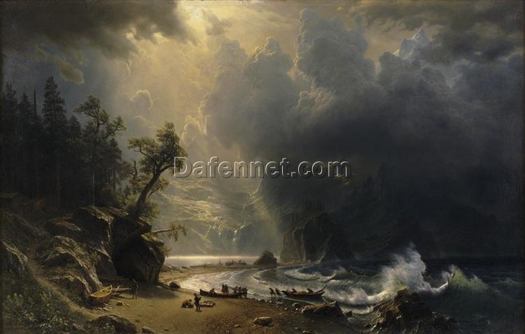 Albert Bierstadt’s ‘Puget Sound on the Pacific Coast’ (1870) – Stunning Luminism Oil Reproduction of a Pacific Landscape