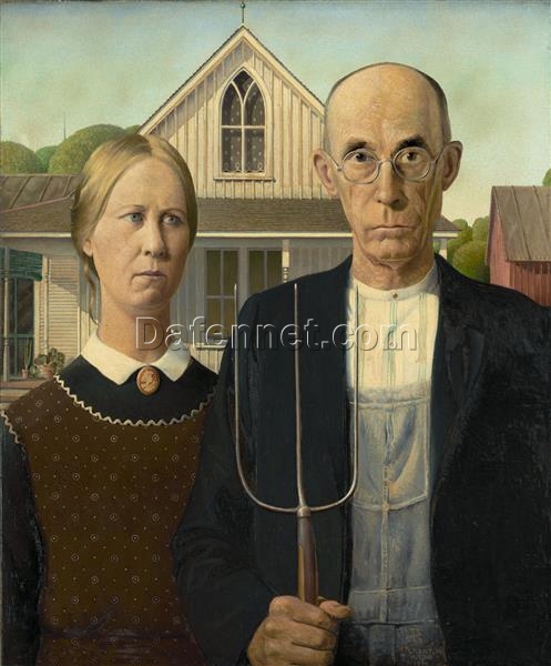 1930 American Gothic Oil Reproduction by Grant Wood – Regionalism Masterpiece