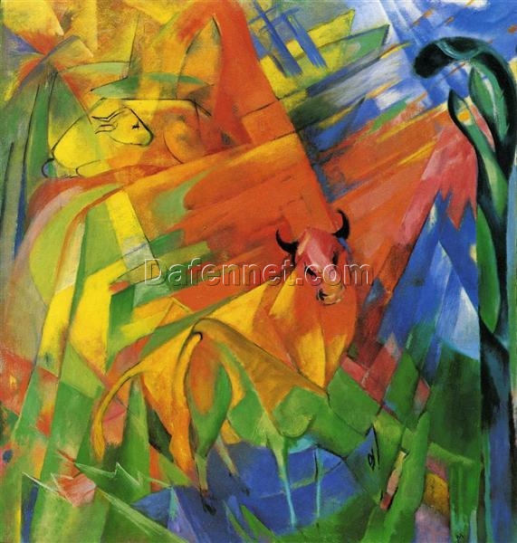 Hand-Painted Franz Marc ‘Animals in a Landscape’ Oil Painting – Cubist Animal Art on Canvas from Dafen Village Studio