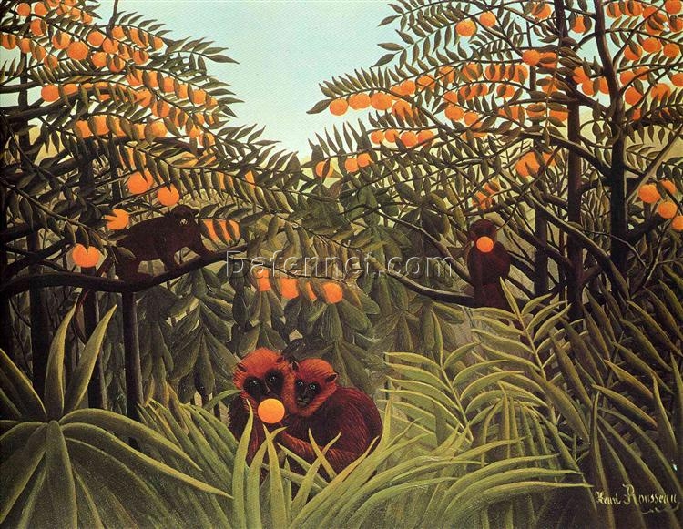 Henri Rousseau Apes in the Orange Grove – 1910 Naïve Art Wildlife Painting | Handmade Canvas Art, Tropical Animal Scene