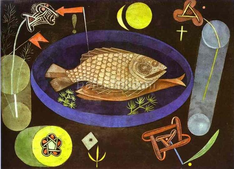 Surrealist Still Life Oil Painting Aroundfish by Paul Klee (1926) – Bauhaus Modern Art for Living Room and Office Decor