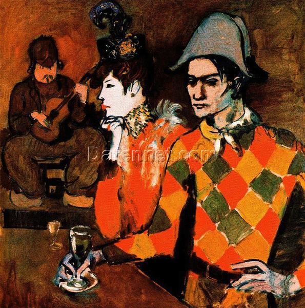 Pablo Picasso-Inspired At ‘Lapin Agile’ (Harlequin with Glass) – Rose Period Oil Painting on Canvas