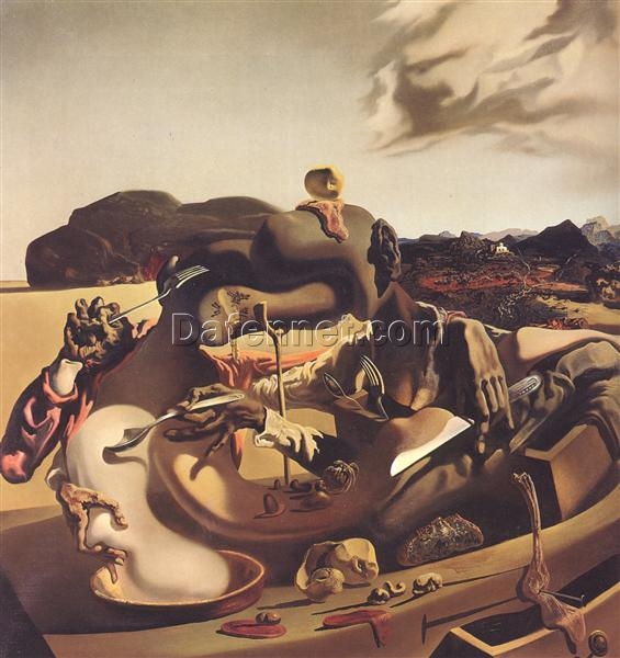 Surrealist Symbolic Oil Painting Inspired by Salvador Dali’s “Autumnal Cannibalism” – Expression of Conflict and Survival