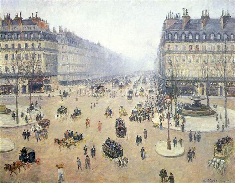 Avenue de l’Opera, Place du Theatre Francais. Misty” by Camille Pissarro – 1898 Impressionist Cityscape