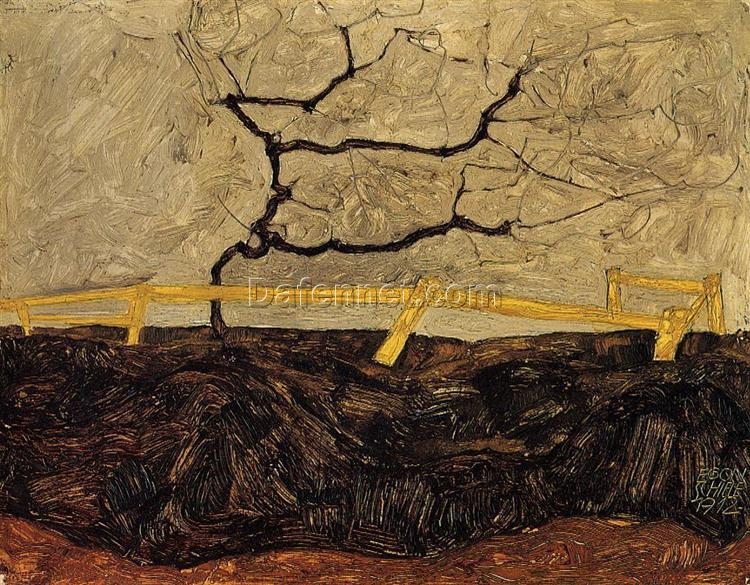 Bare Tree Behind a Fence” by Egon Schiele – Expressionist Landscape Oil Painting