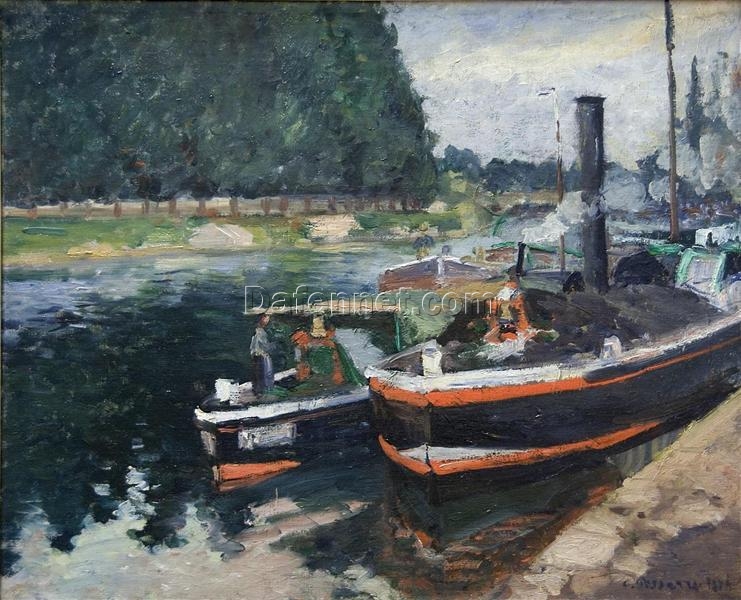 Barges on Pontoise” by Camille Pissarro – 1876, French Landscape Oil Painting