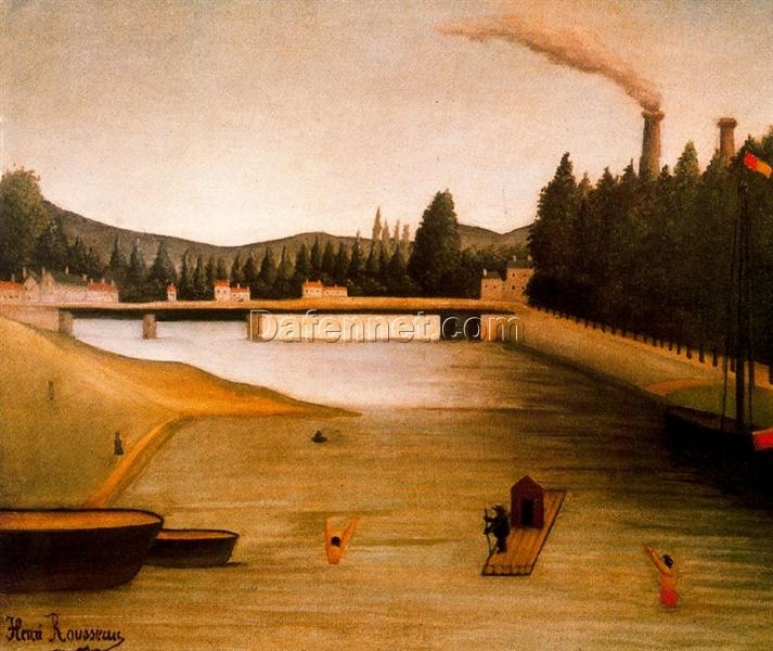 Hand-painted Henri Rousseau Bathing at Alfortville – c.1904 Naïve Art Cityscape Oil Painting | Canvas Reproduction