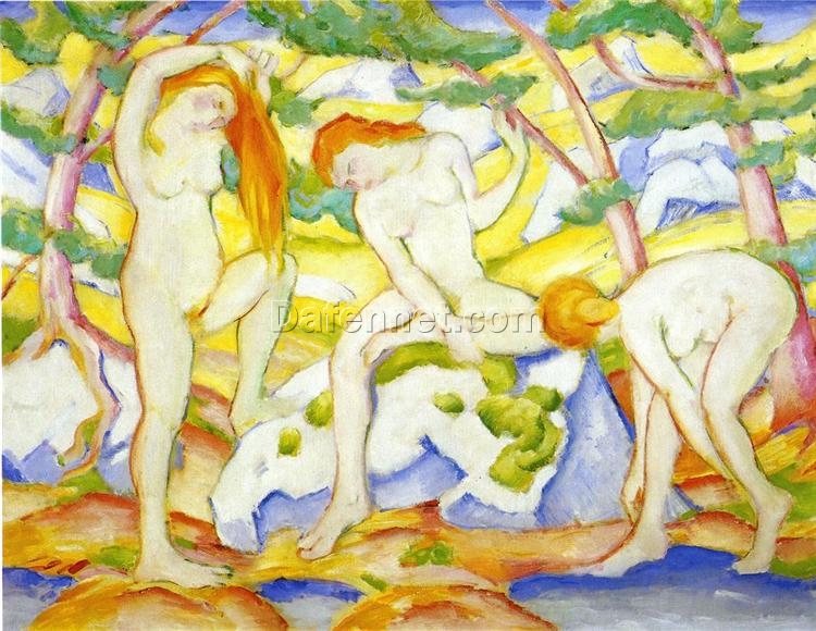 Hand-Painted Franz Marc ‘Bathing Girls’ Oil Painting – Expressionist Genre Art on Canvas, Fine Art Reproduction from Dafen Village Studio